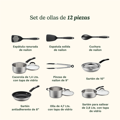 Bateria de Cocina de Acero Inoxidable 12 piezas